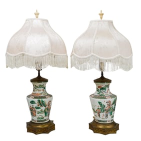 Pair of Antique Chinese Famile Verte Porcelain Lamps