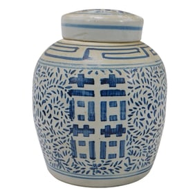 Chinese Blue & White Happiness Porcelain Ginger Jar