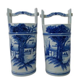 (2 pcs) Chinese "Qinghua" Porcelain Water Bucket Vases (1 of 8)