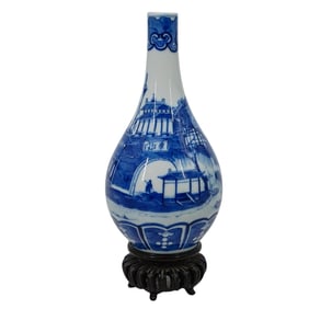 Signed Chinese Blue and White Porcelain Bottle Vase