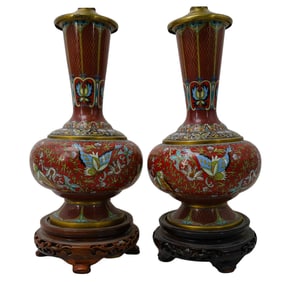 Pair of Chinese Cloisonne Butterfly Lamps