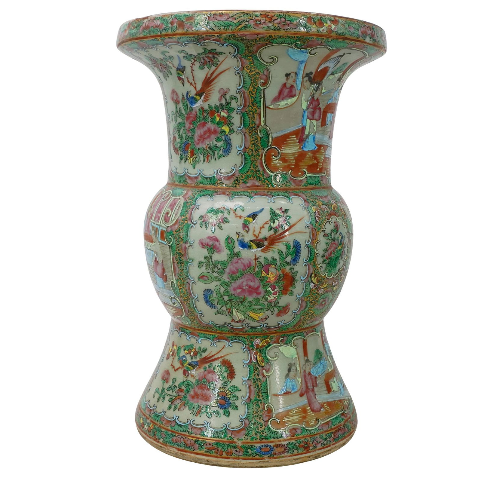 Antique Chinese Rose Medallion Porcelain Vase: Antique Chinese Rose Medallion Porcelain VaseLate 19th Cent- 20th Cent, ChinaAntique Chinese rose medallion porcelain vase designed with a bulbous center section and smaller flared sections on the bot