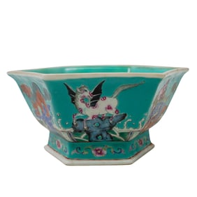 Signed Chinese Hexagonal Mythical Beast Porcelain Bowl