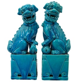 Pair of Chinese Blue Glazed Porcelain Foo Dogs