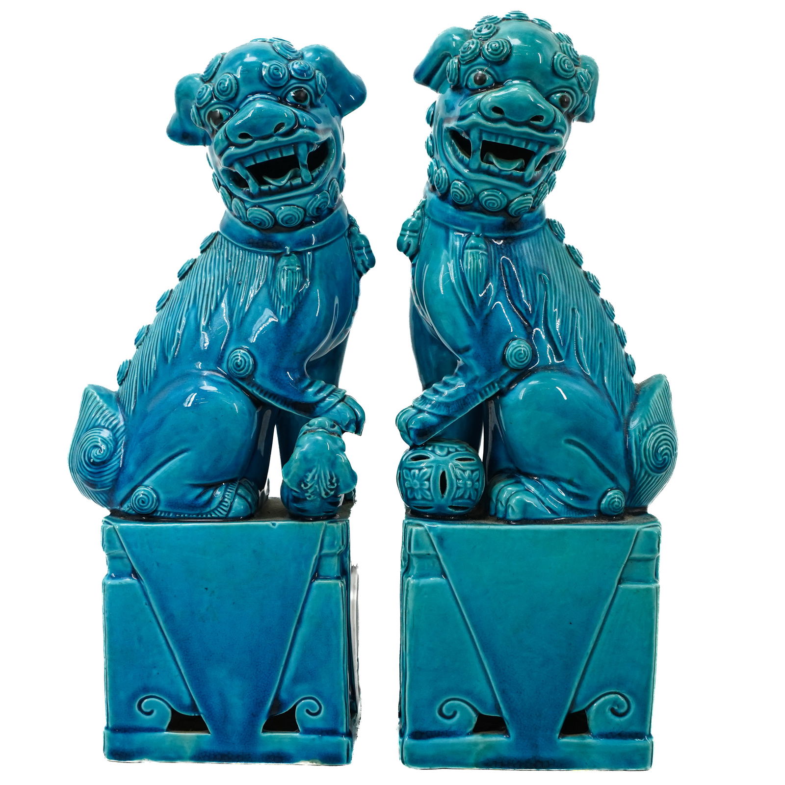 Pair of Chinese Blue Glazed Porcelain Foo Dogs (1 of 3)