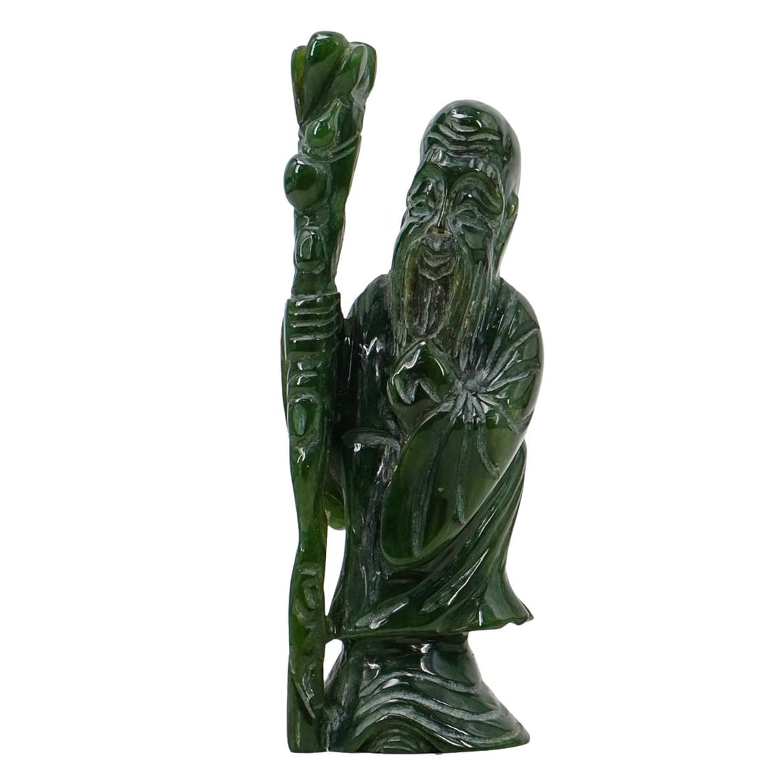 Chinese Carved Jade Shou Lao Figurine: Chinese Carved Jade Shou Lao FigurineEarly 20th centuryChinese carved jade figurine depicting Shou Lao or "Shou Xing", a Chinese deity symbolizing longevity. Depicting in the traditional style with la