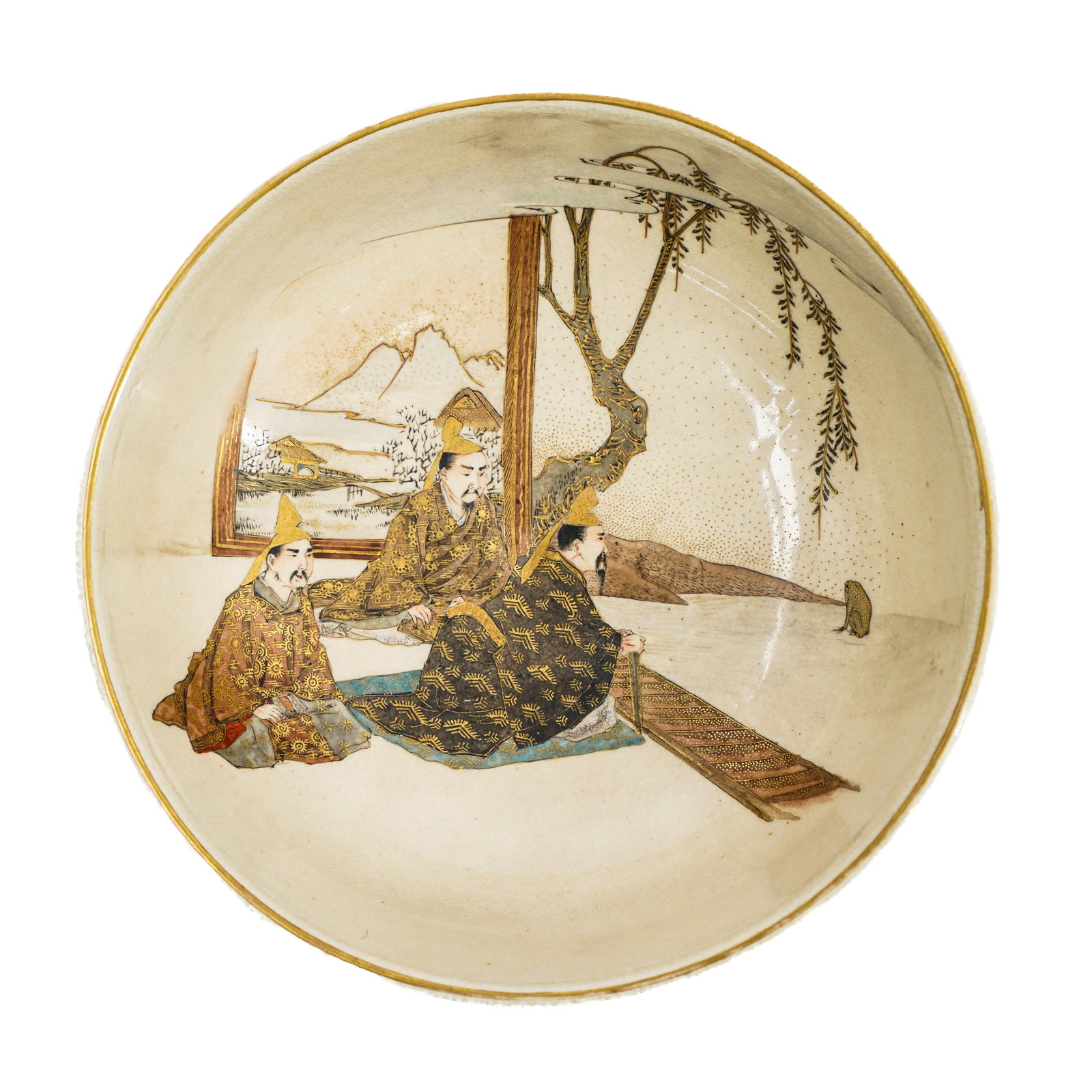 Japanese Meiji Period Satsuma Bowl: Japanese Meiji Period Satsuma Bowl Late 19th to Early 20th Century, Japan Japanese Meiji period satsuma bowl, featuring an ivory tone, finely crackled glaze. The interior depicts a detailed scene feat