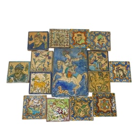 (15 Pc) Antique Persian Hand Painted Ceramic Tiles TBL