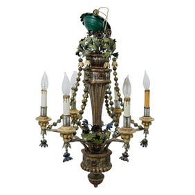 Italian Polychrome Wood Iron and Tole Flower Chandelier