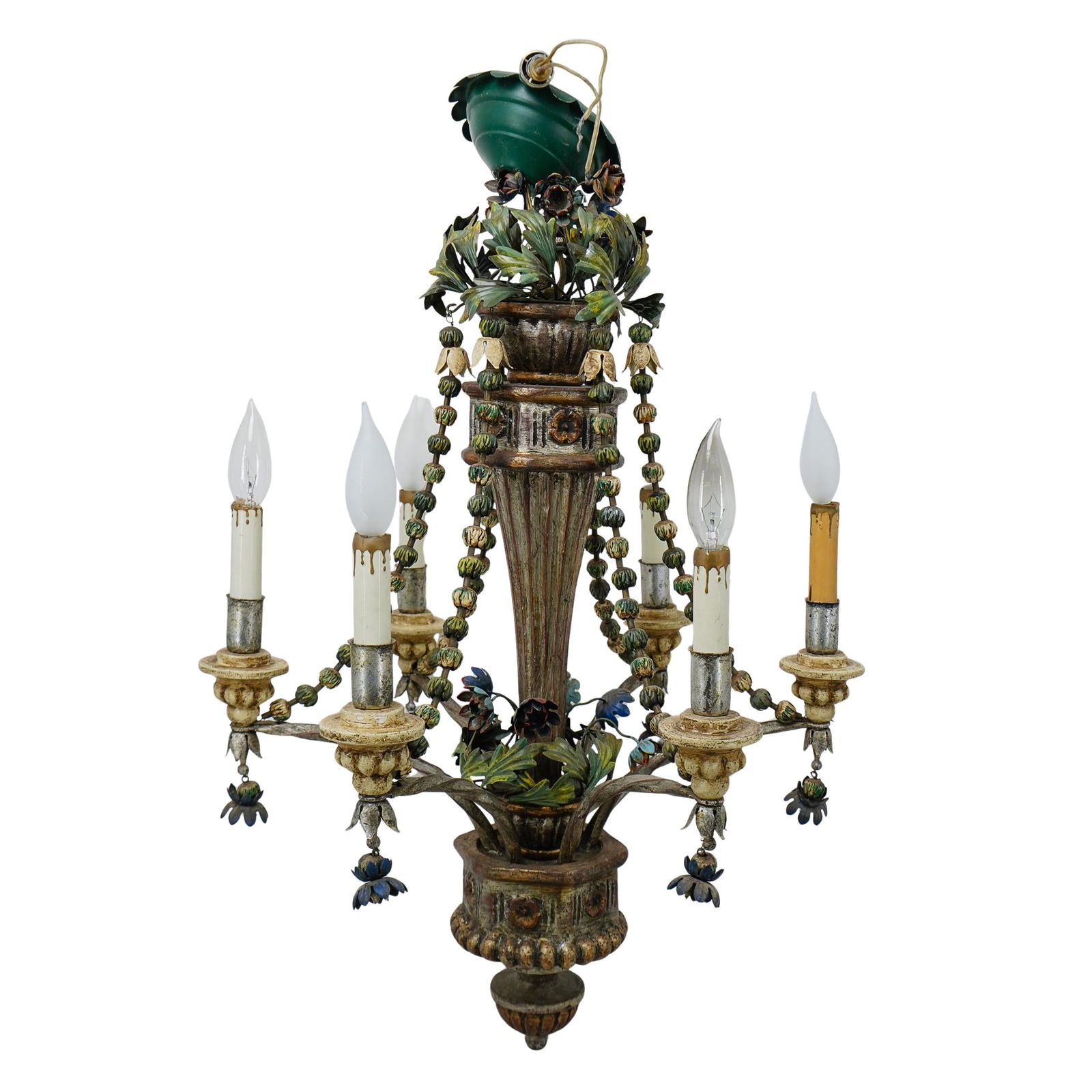 Italian Polychrome Wood Iron and Tole Flower Chandelier (1 of 6)
