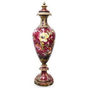 Palatial Royal Bonn Cranberry Porcelain Footed Urn