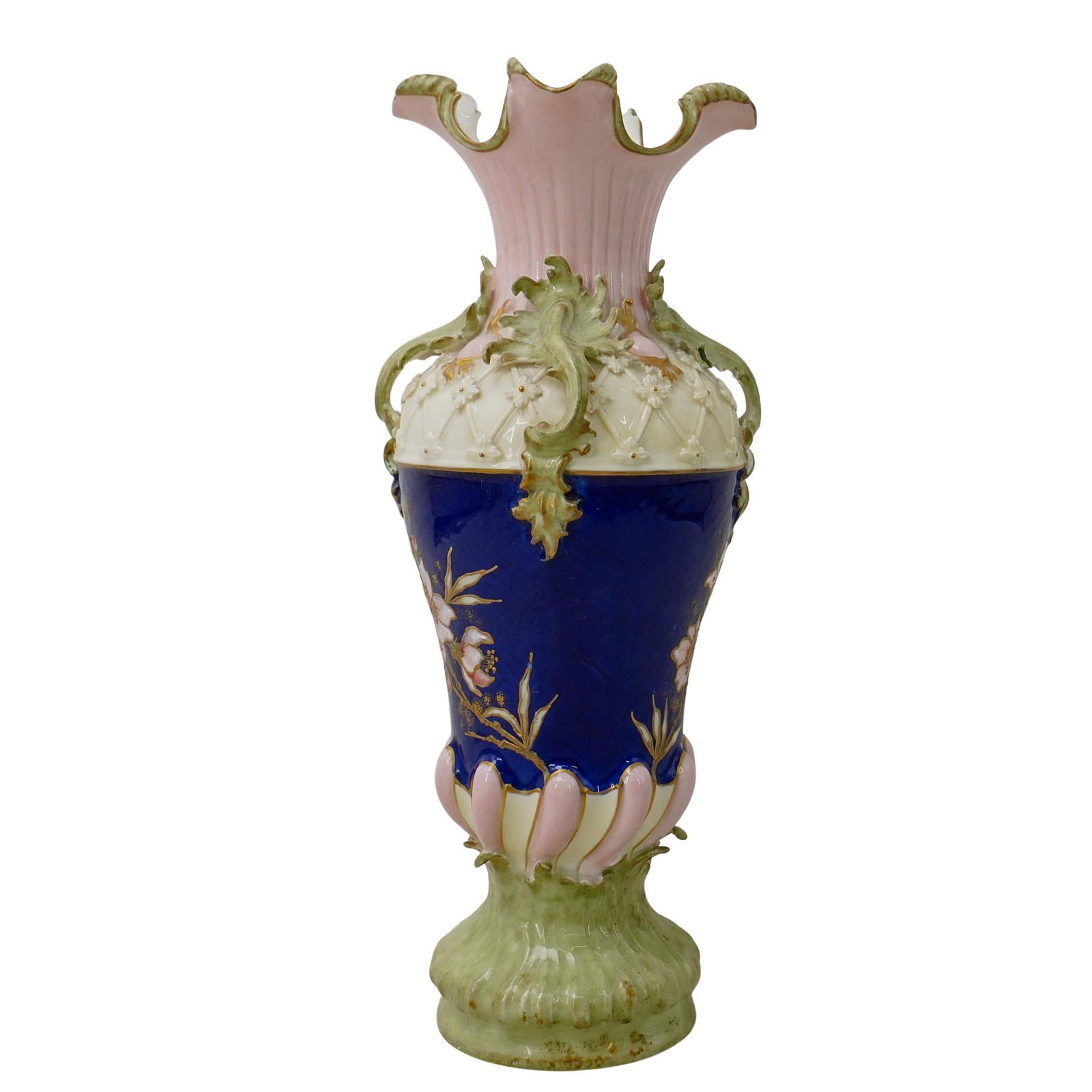 Antique French Porcelain Vase: Antique French Porcelain Vase Late 19th to early 20th century, France The vase features a flared, ruffled rim with a soft pink color and green, vine-like embellishments that cascade over a quilted, iv