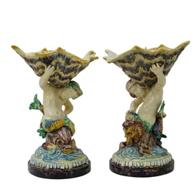 Pair Italian Majolica Putti Compotes