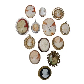 (13 Pc) Antique Gold Cameo Brooches and Pendants