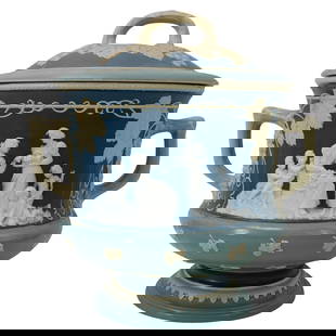 Large Mettlach Jasper Ware Punch Bowl: Large Mettlach Jasper Ware Punch Bowl1900s, GermanyLarge pottery punch bowl in light and dark blues, with high relief cameos of maidens and children, grape and vines throughout. Molded branch handles