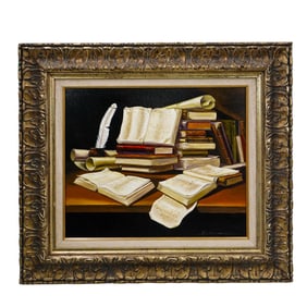 20th Cent. Signed Still Life Books Canvas Painting