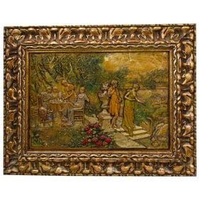 Antique Repousse Mixed Metal Garden Scene Plaque