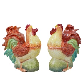 (2 Pc) Large Glazed Porcelain Rooster Cookie Jars