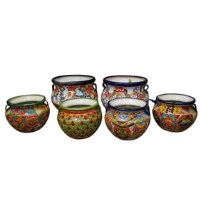 (6 Pc) Large Mexican Talavera Glazed Pottery Garden Planters