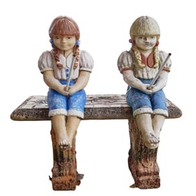 (4 Pc) Stone Garden Benches W/ Figurative Stone Dolls