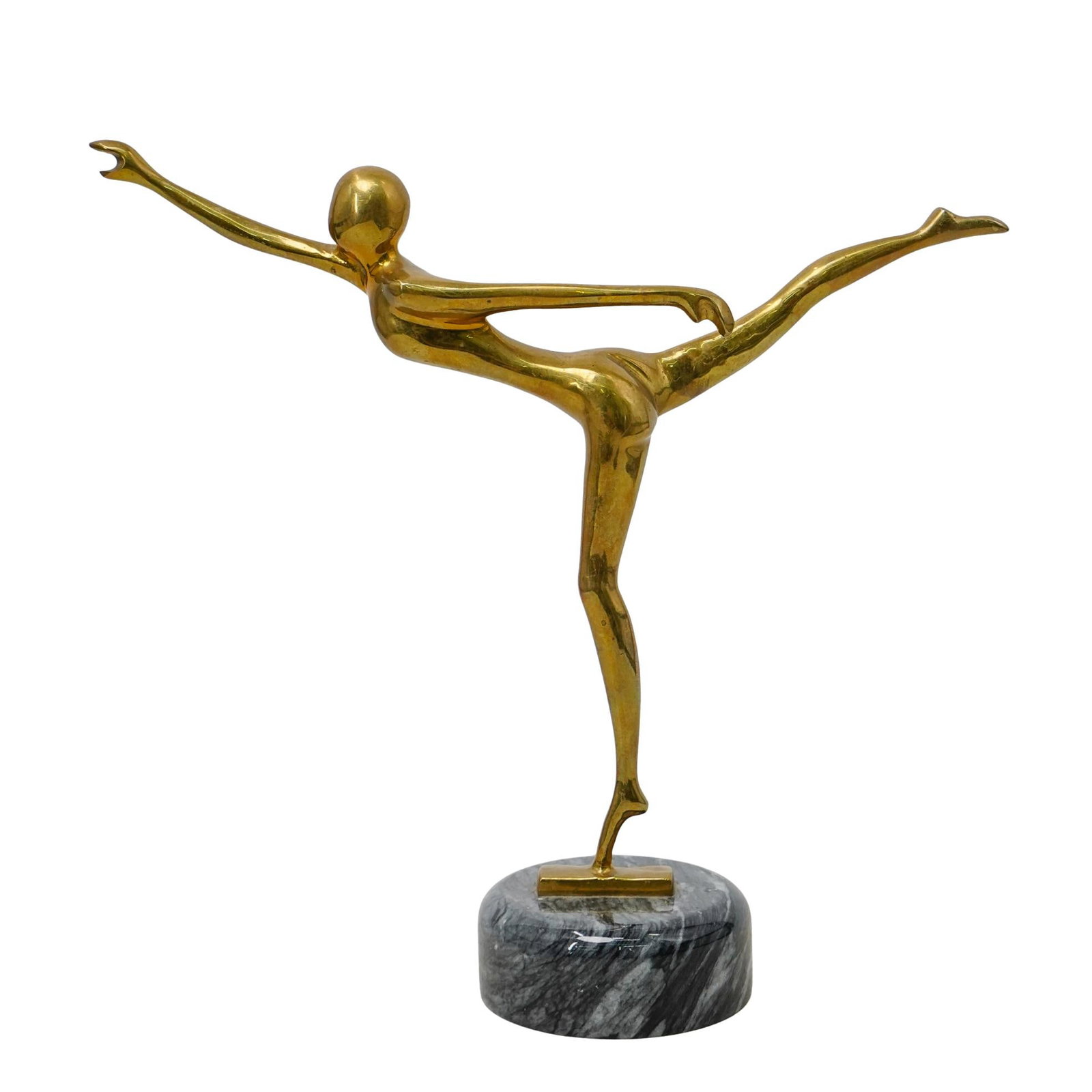 Mid Century Brass Nude Female Dancer Sculpture: Mid Century Brass Nude Female Dancer Sculpture Mid Century brass nude female acrobat dancer sculpture figurine atop a circular plinth marble base. H: 12 1/4" W: 13 1/2"