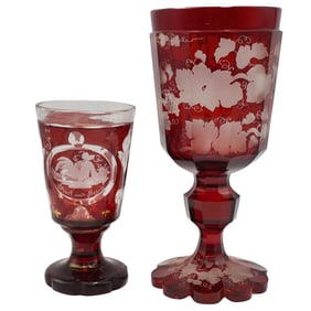 (2 Pc) Bohemian Etched Ruby Glass Goblets