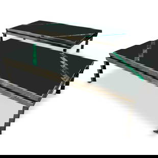 Pair Of Custom Chrome Malachite and Smoked Glass Coffee Tables: Pair Of Custom Chrome Malachite and Smoked Glass Coffee Tables20th Century, ContinentalPair of custom coffee tables, featuring a chrome frame with the table top crafted from smoked glass, with inlaid