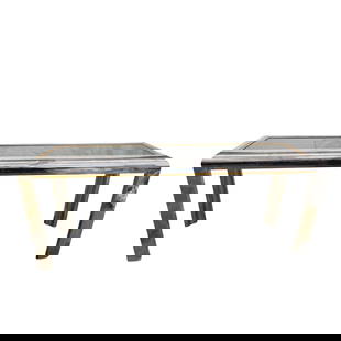 Mid-Century Chrome and Glass Console Table: Mid-Century Chrome and Glass Console Table20th centuryMid century chrome and glass console table. Gilt accented border on table top. Marked on bottom in marker "R-36-11604".H 24" 1/4&qu