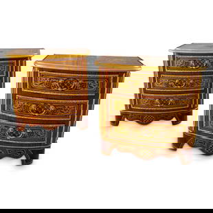 Pair of Italian Wood and Bronze Night Tables: Pair of Italian Wood and Bronze Night Tables20th Cent, ItalyPair of three drawer Italian night tables comprised of a wood foundation, decorated with painted ornate gilt accents and ormolu bronze mount