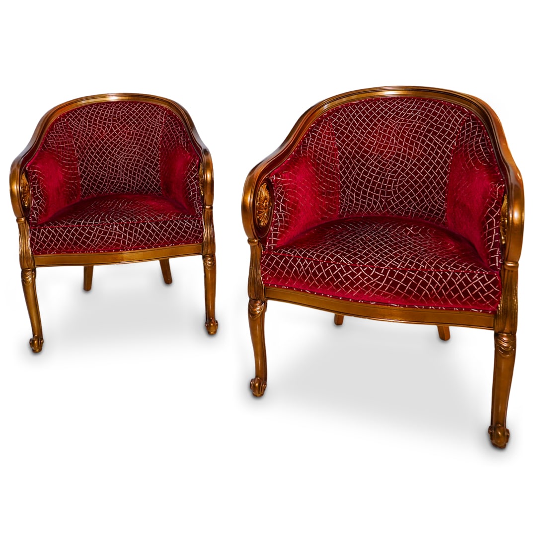 Pair of Italian Regal Giltwood Wingback Chairs: Pair of Italian Regal Giltwood Wingback Chairs20th Cent. , ItalyPair of Italian gilt wood wingback chairs feature scrolling arm rests accented with floral medallions, the displays scrolling ornate fee
