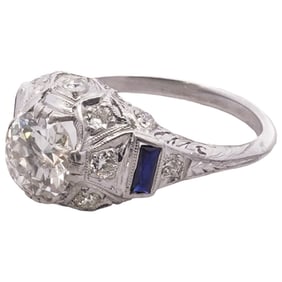 Art Deco 18k White Gold Diamond and Sapphire Ring