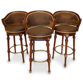 (3 Pc) Italian Wood Upholstered Swivel Bar Stools