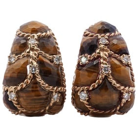 14k Gold Tigers Eye and Diamond Earrings
