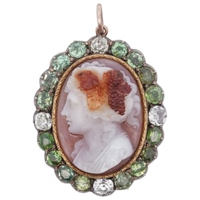 Russian 18k Gold Silver Diamond and Tourmaline Cameo Pendant