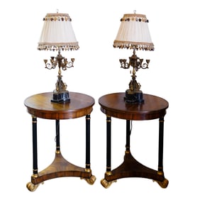 Pair Of French Empire Style Bronze Lamp Mounted Side Tables