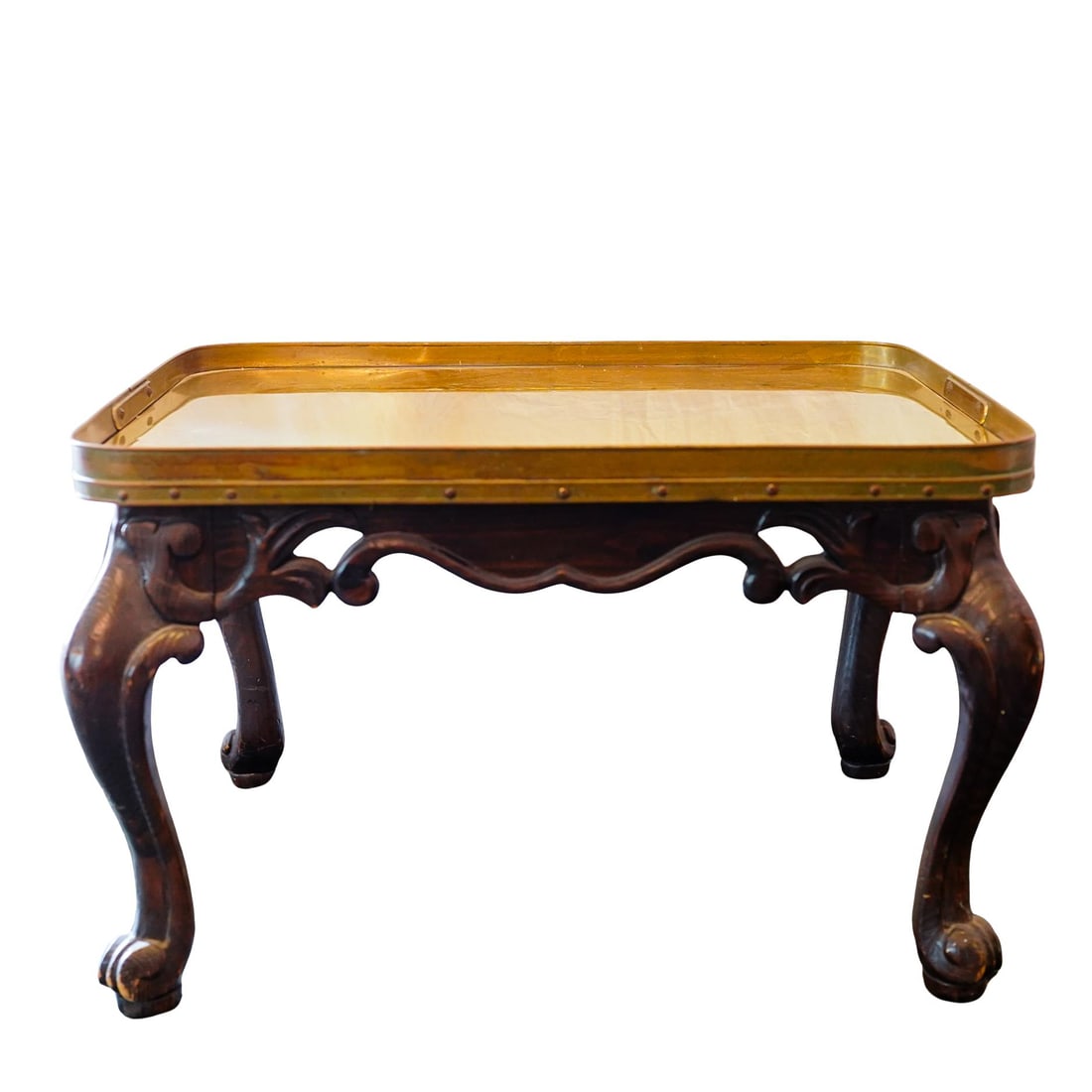 Vintage French Brass and Wood Tray Table: Vintage French Brass and Wood Tray TableLate 20th cent. , FranceVintage French Tray Table comprised of a carved wooden base supporting a large brass tray. Stamped sep 29 1983.H:17.25” x l29&rdqu