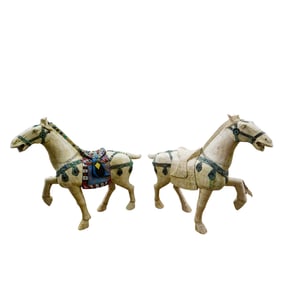 Pair Tessellated Bone and Glass Cabochon Horse Sculptures