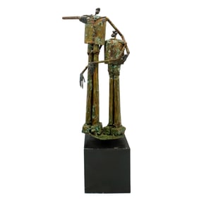 (2 pcs) Jim Lewk (b. 1940, French-American) Award Sculpture and Framed News Article