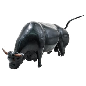 Designer Carved Wood Bull Sculpture