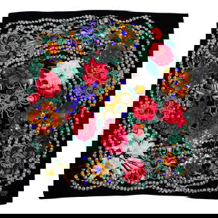 Vintage Chanel Silk Scarf: Vintage Chanel Silk Scarf20th century, FranceLarge, lush flowers dominate the design. Golden medallions, sapphire-blue and emerald-green gems, pearl embellishments, and a cascade of pearl-like element