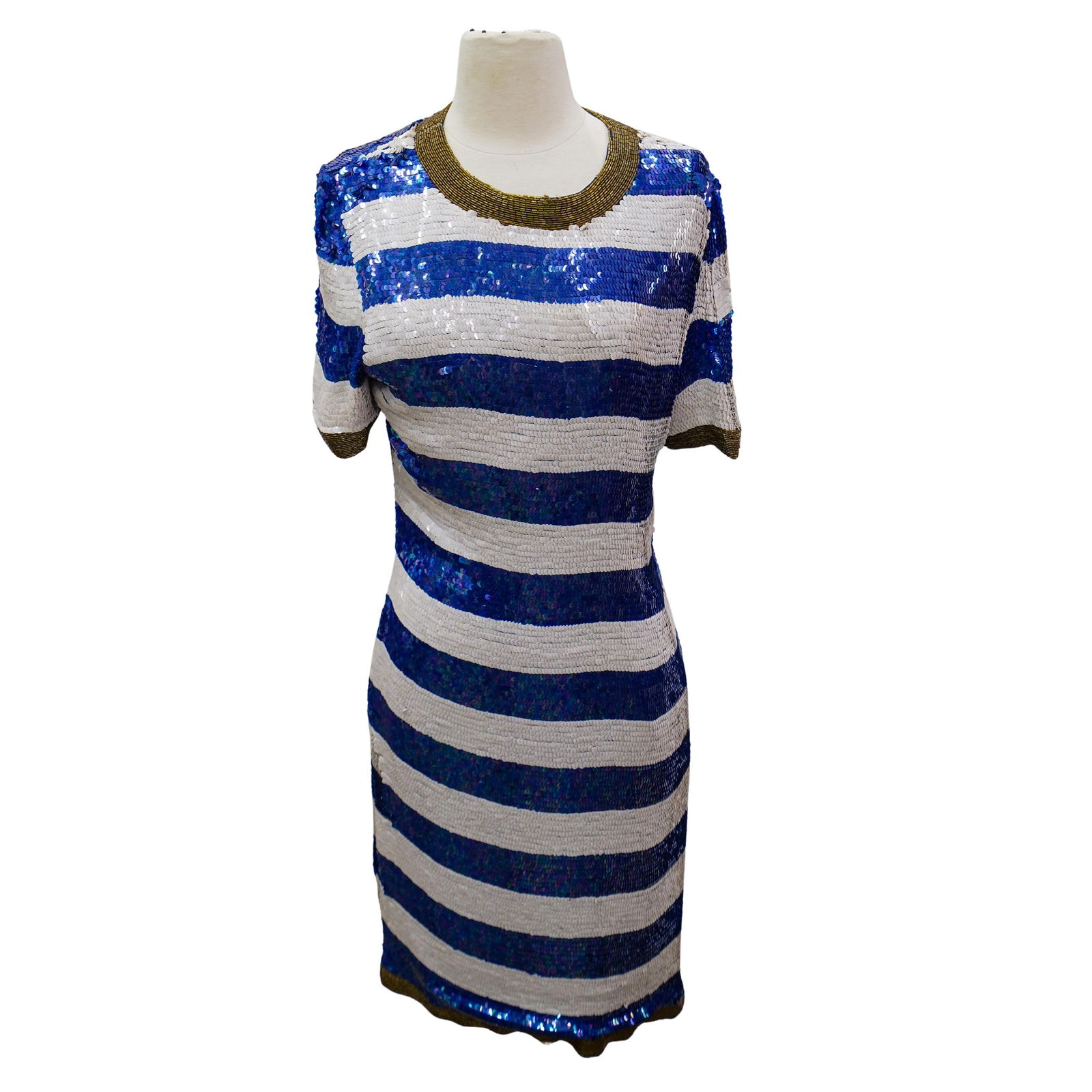 Scarlet Rage Sequin Cocktail Dress: Scarlet Rage Sequin Cocktail DressLate 20th- early 21st century, IndiaVintage Scarlet Rage sequin cocktail dress. Blue and white sequin stripes with gold beaded along sleeves, collar, and hem. Size sm