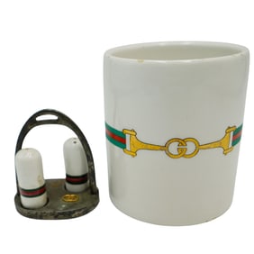 (4pcs) Gucci Shakers on Sterling Tray and Coffee Mug