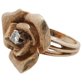 Signed 14k Gold and Diamond Rose Ring