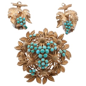 (3 Pc) Italian 18k Gold, Turquoise Jewelry Set