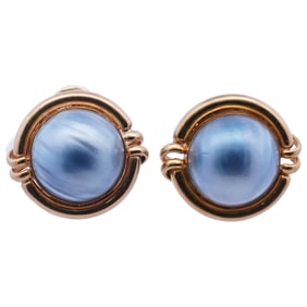 Signed Pair of 18k Gold and Blue Pearl Earrings
