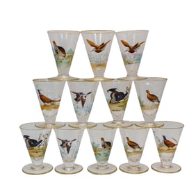 (12 Pc) Vintage Enameled Glass Wild Birds Liquor Collection
