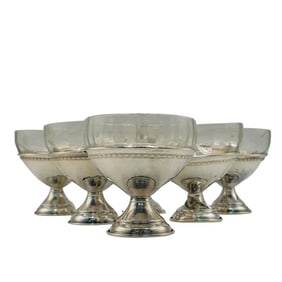 (6 Pc) Sterling Silver and Glass Sherbet Glasses Mid 20th Century, Continental H: 3.5" D: 3.25"