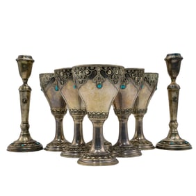 (8 pcs) Judaica Sterling Silver Cups and Candlesticks