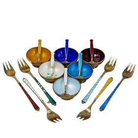 (2 Pc) Danish Sterling Silver Enamel Forks and Salt Cellars with Spoons