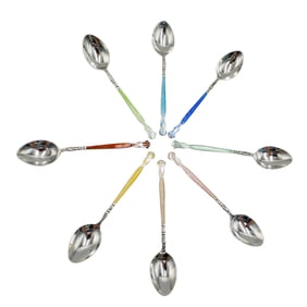 (8 Pc) English Sterling Silver and Enamel Spoons